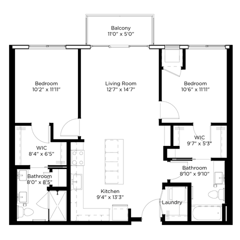 Floor plan for 2 beds, 2 baths, 1014 sqft